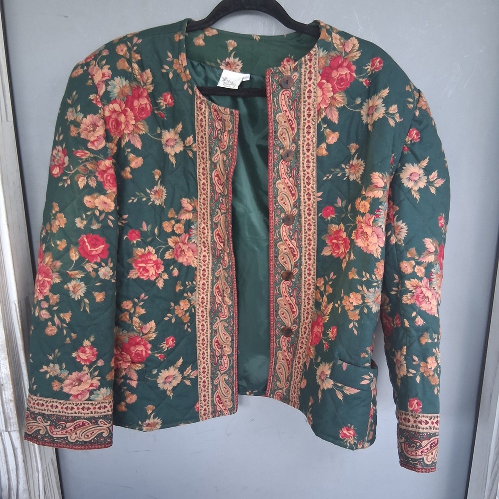 Vtg Vera Bradley Quilted Floral Paisley Jacket Green Red L Home Alone Christmas